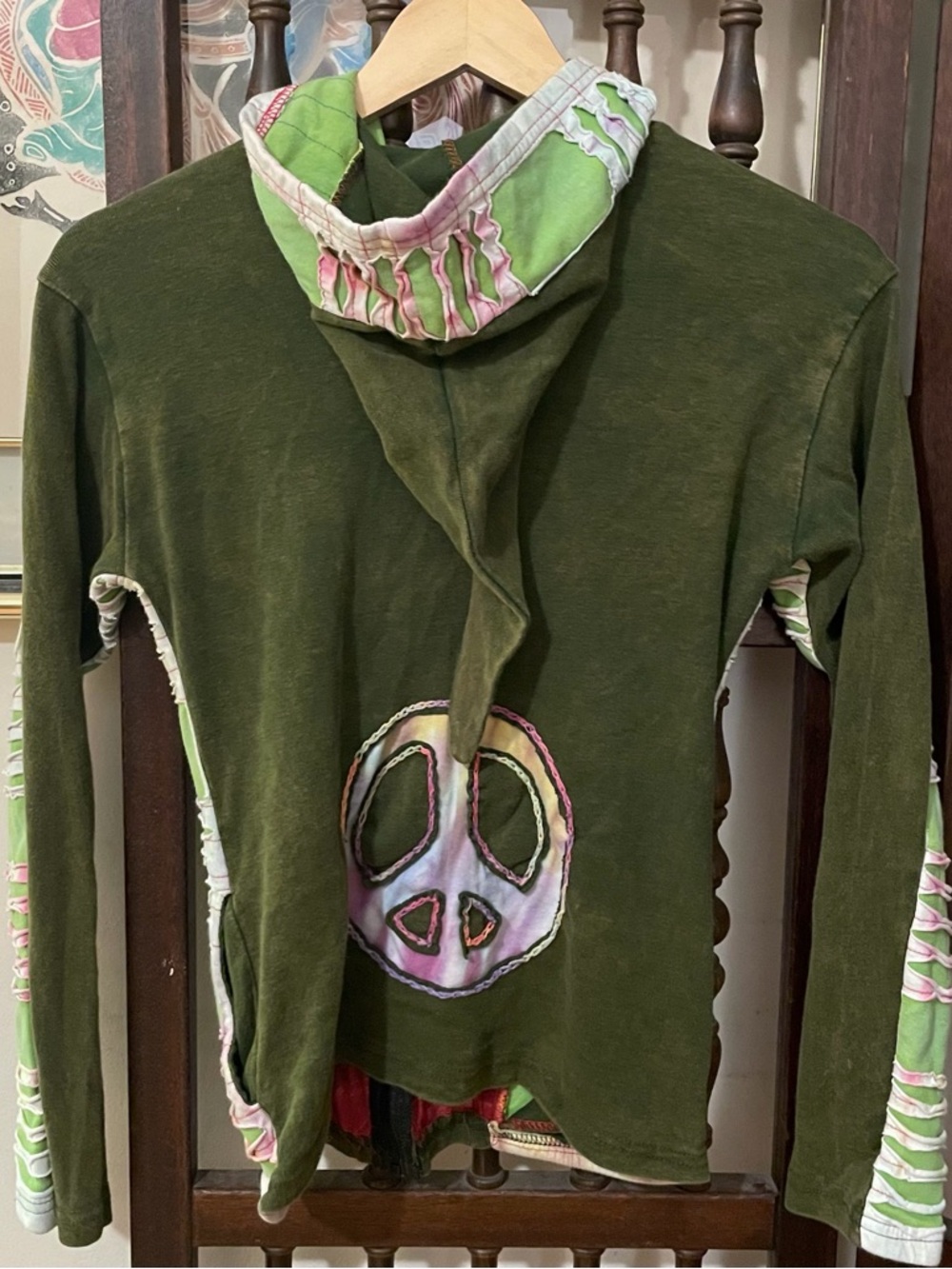VTG 90s Green Cotton Peace Sign Pointed Hood Hippie Boho Full Zip Sweatshirt M/L